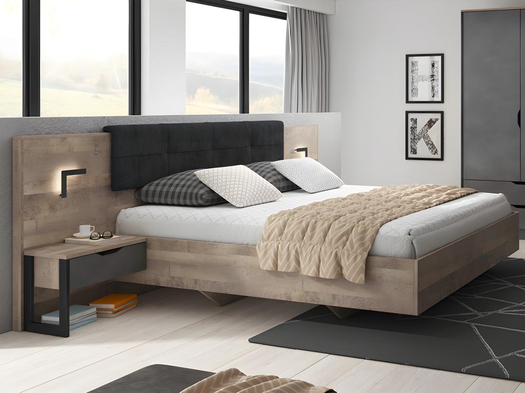 Lit avec chevets 160x200 cm - Avec LEDs - Coloris Naturel et anthracite Sommier Matelas - Homelumiere
