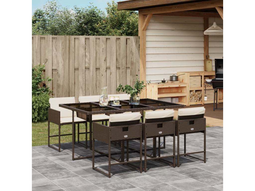 Ensemble à manger de jardin et coussins 7 pièces marron rotin