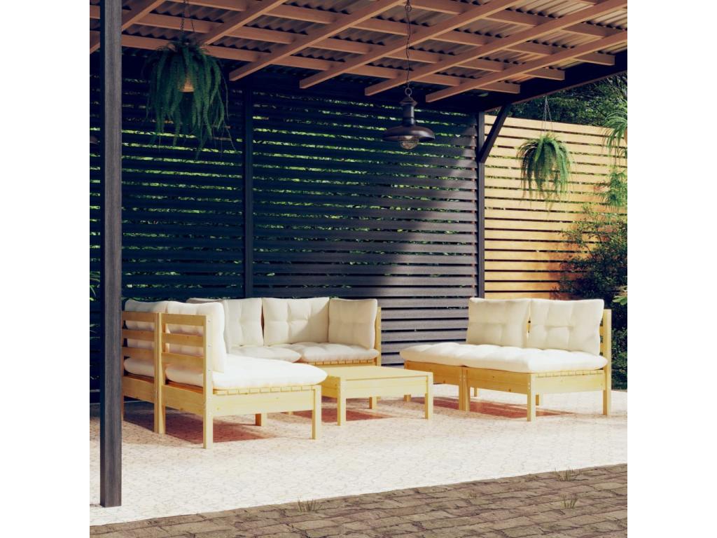Salon de jardin 7 pièces avec coussins crème bois de pin massif