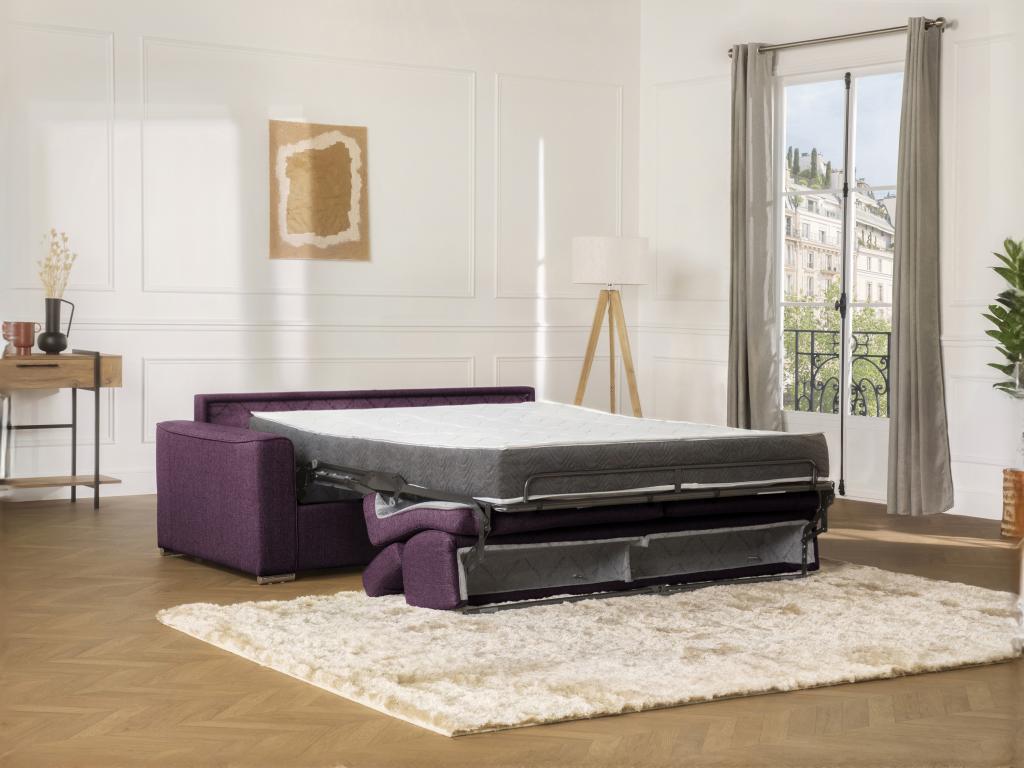 Canapé 4 places convertible express en tissu violet - Couchage à Homelumiere larges 160 cm - Matelas 14 cm Homelumiere