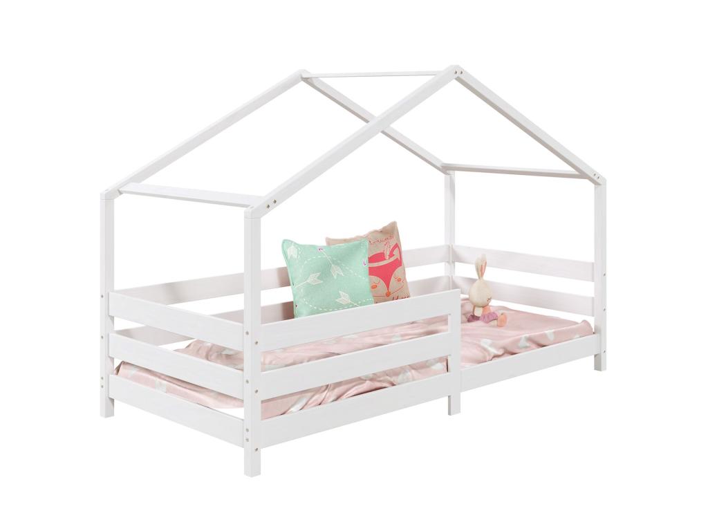 Lit cabane Homelumiere lit simple montessori pour enfant 90x190 cm avec barrières de protection en pin massif lasuré blanc