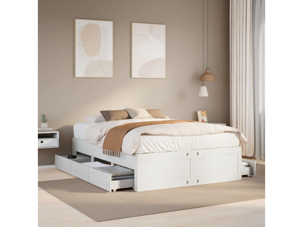 Cadre de lit sans matelas avec tiroirs blanc 150x200 cm pin