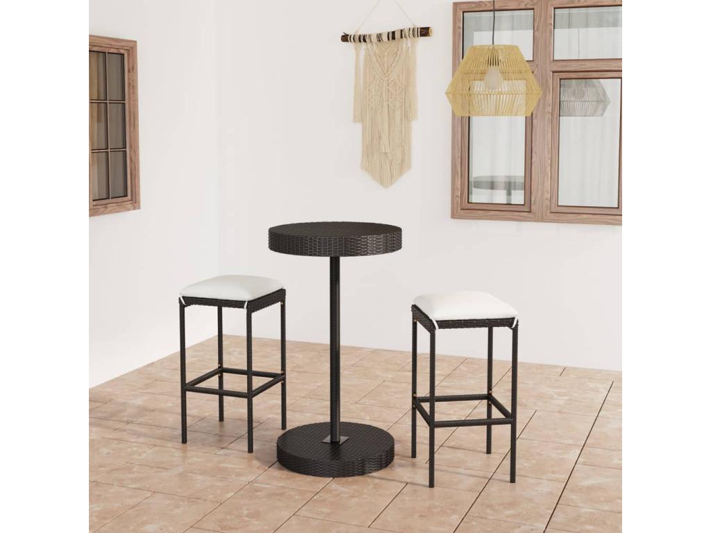 Ensemble de bar de jardin 3 pcs et coussins Résine tressée Noir