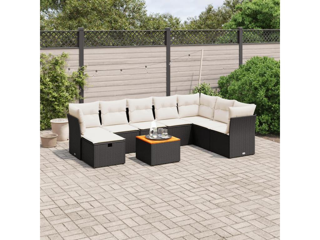 Salon de jardin 9 pcs avec coussins noir résine tressée