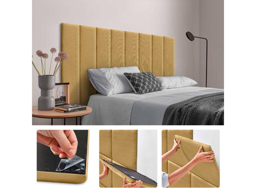 Homelumiere Panneaux Tapissés en Lin Autoadhésifs pour Mur Acoustiques Absorbants Protection Contre les Impacts Têtes de Lit Décoration Moutarde 60x20cm