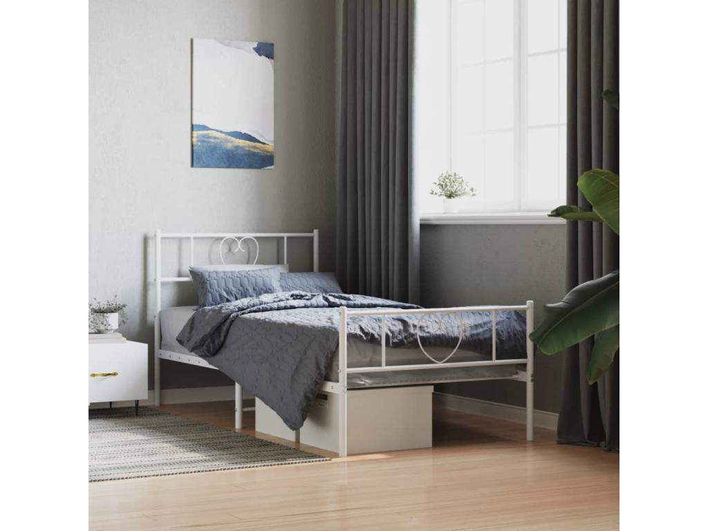 Cadre de lit métal sans matelas avec pied de lit blanc 80x200cm