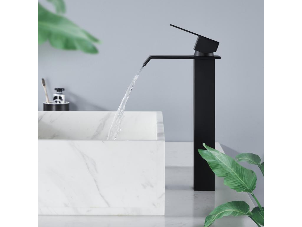Noir Robinet Salle de Bain Homelumiere Grand Mitigeur Lavabo en Laiton Robinetterie Lave-mains pour Vaque Salle de Bain Design Moderne