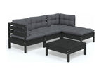 Salon de jardin 5 pièces avec coussins Noir Bois de pin