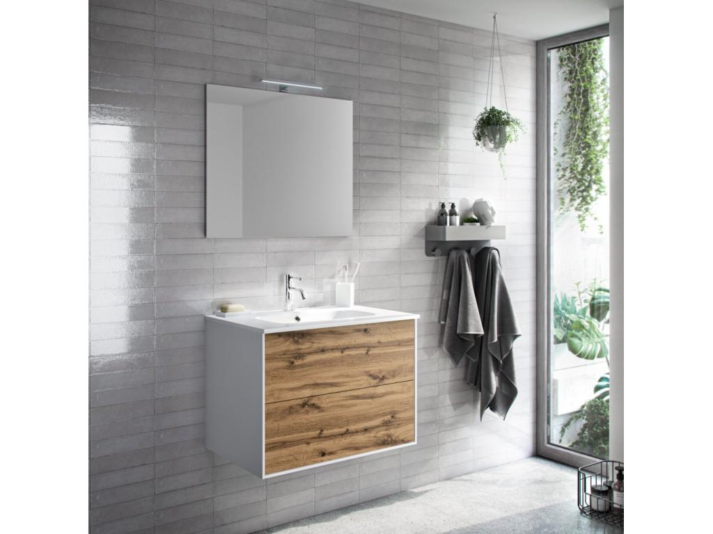 Ensemble meuble de salle de bain 2 tiroirs laqué blanc et chêne et miroir à LED Homelumiere L 80cm