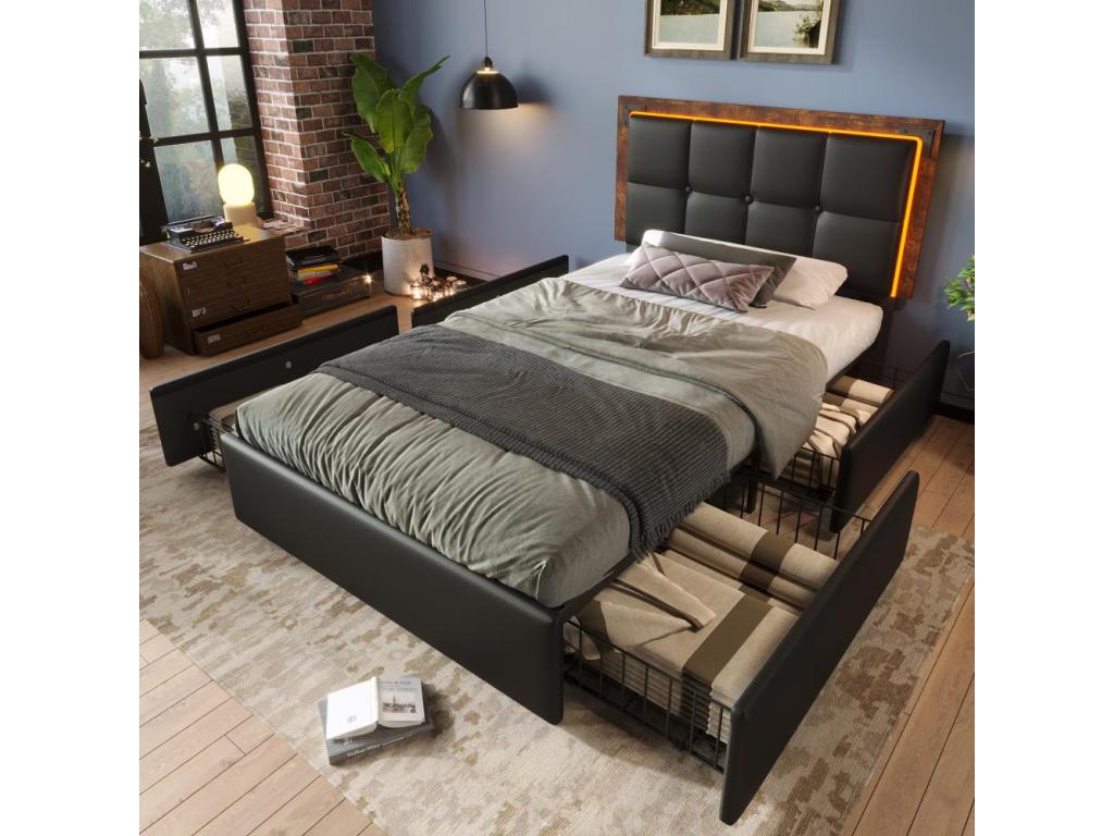 Lit avec tiroirs Lit adulte 90x200 cm Lit avec rampe lumineuse LED et 4 tiroirs Lit simple PU Noir