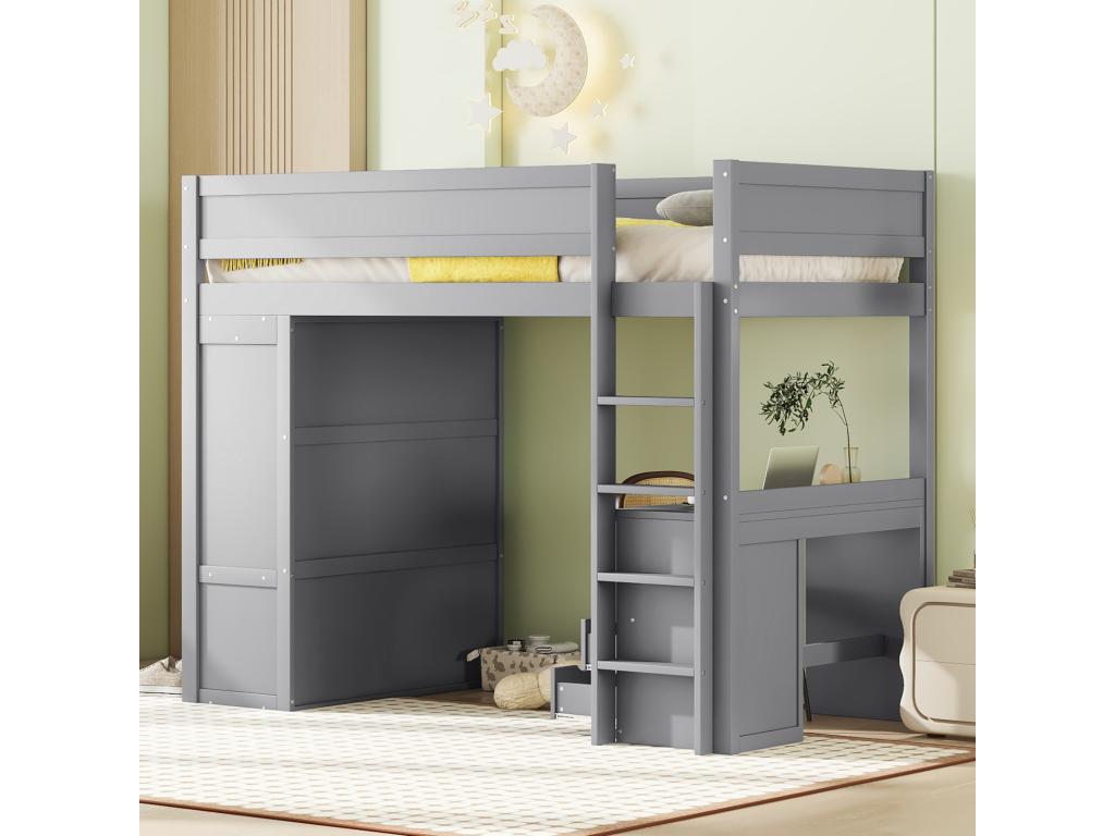 Lit mezzanine 90x200cm lit enfant polyvalent équipé d'armoire bureau et tiroirs échelle sommier à Homelumiere pin gris