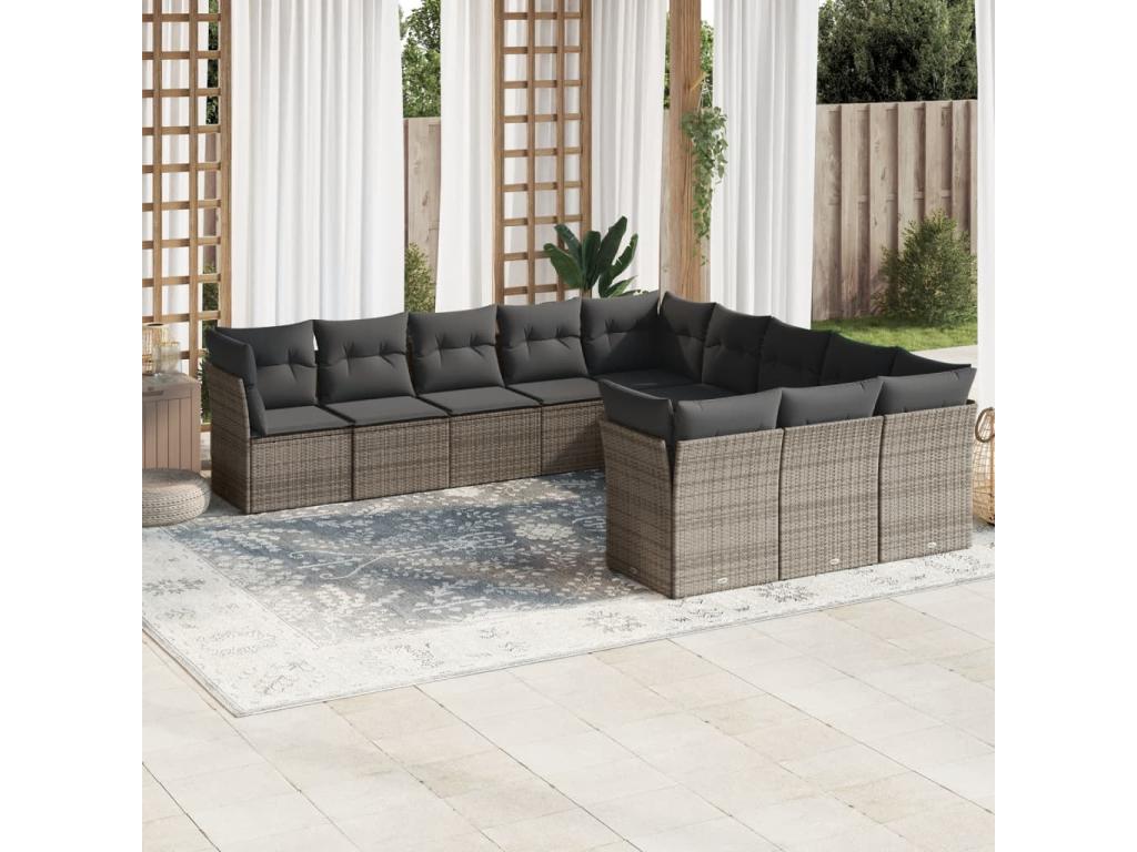 Salon de jardin 11 pièces avec coussins gris résine tressée