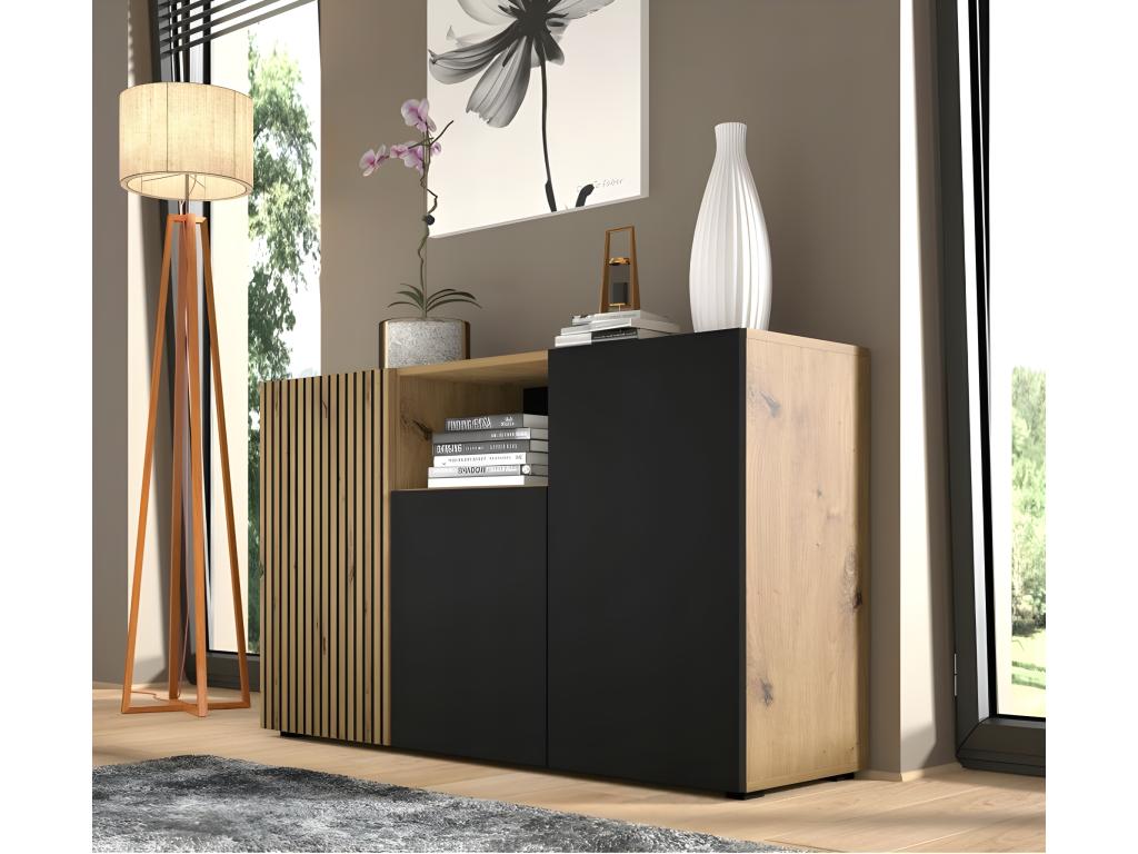 Commode de rangement Meuble Noir/Chêne artisanal 135x42x82cm Homelumiere 3D C Homelumiere