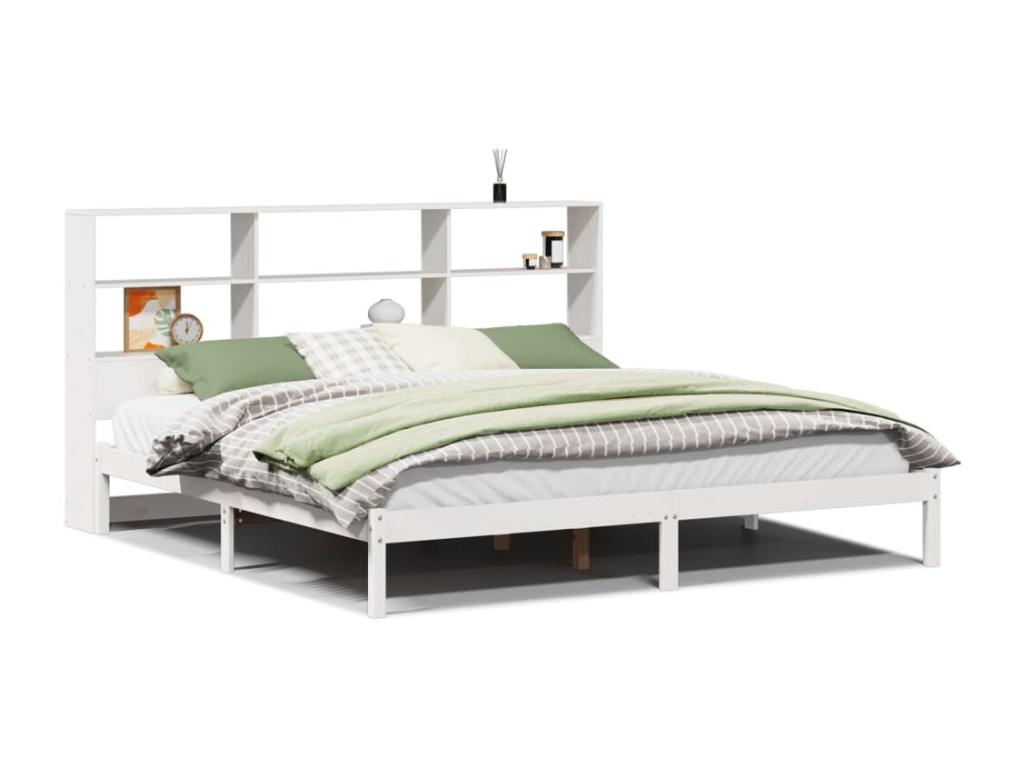 Lit bibliothèque sans matelas blanc 200x200 cm bois pin massif