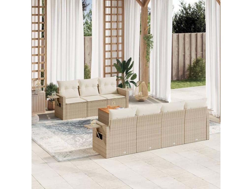Salon de jardin avec coussins 8 pcs beige résine tressée