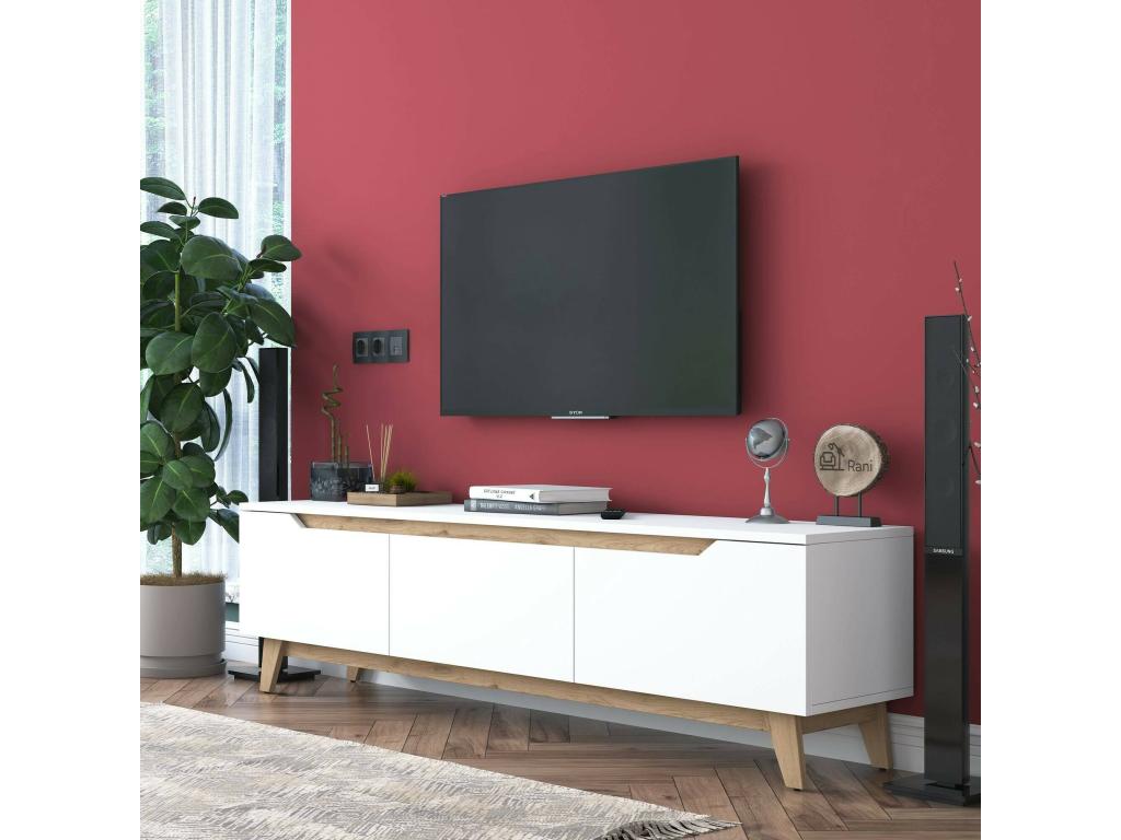 Meuble TV Cor Buffet de salon Armoire basse pour TV Base murale de rangement 180x35h49 cm Blanc et Noyer