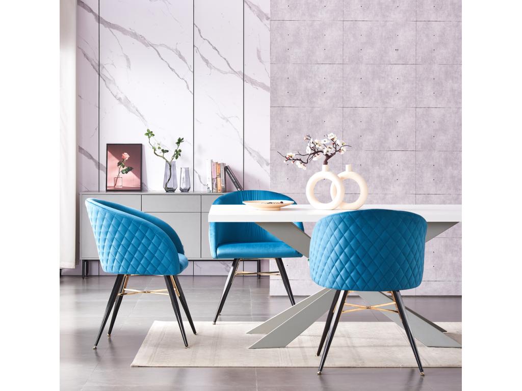 Homelumiere - Lot de 4 Fauteuils Chaises de Salle à Manger en Velours - Pieds Noirs et Dorés en Acier Inoxydable - Bleu