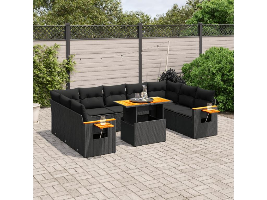 Salon de jardin 11 pièces avec coussins noir résine tressée