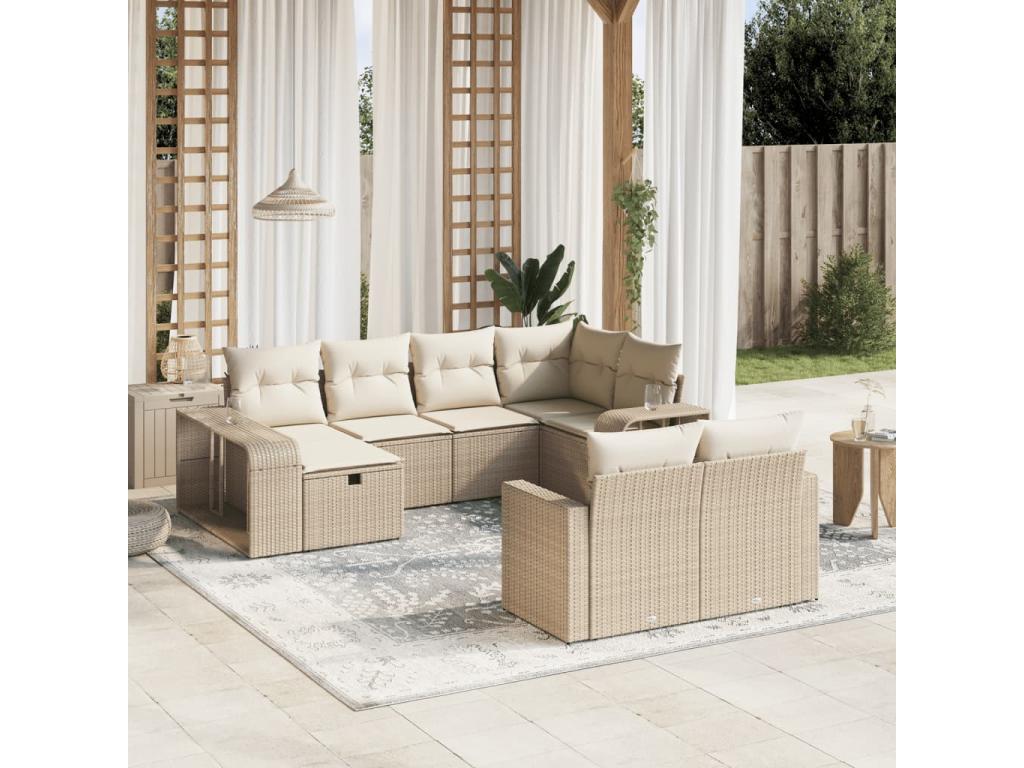 Salon de jardin avec coussins 10 pcs beige résine tressée
