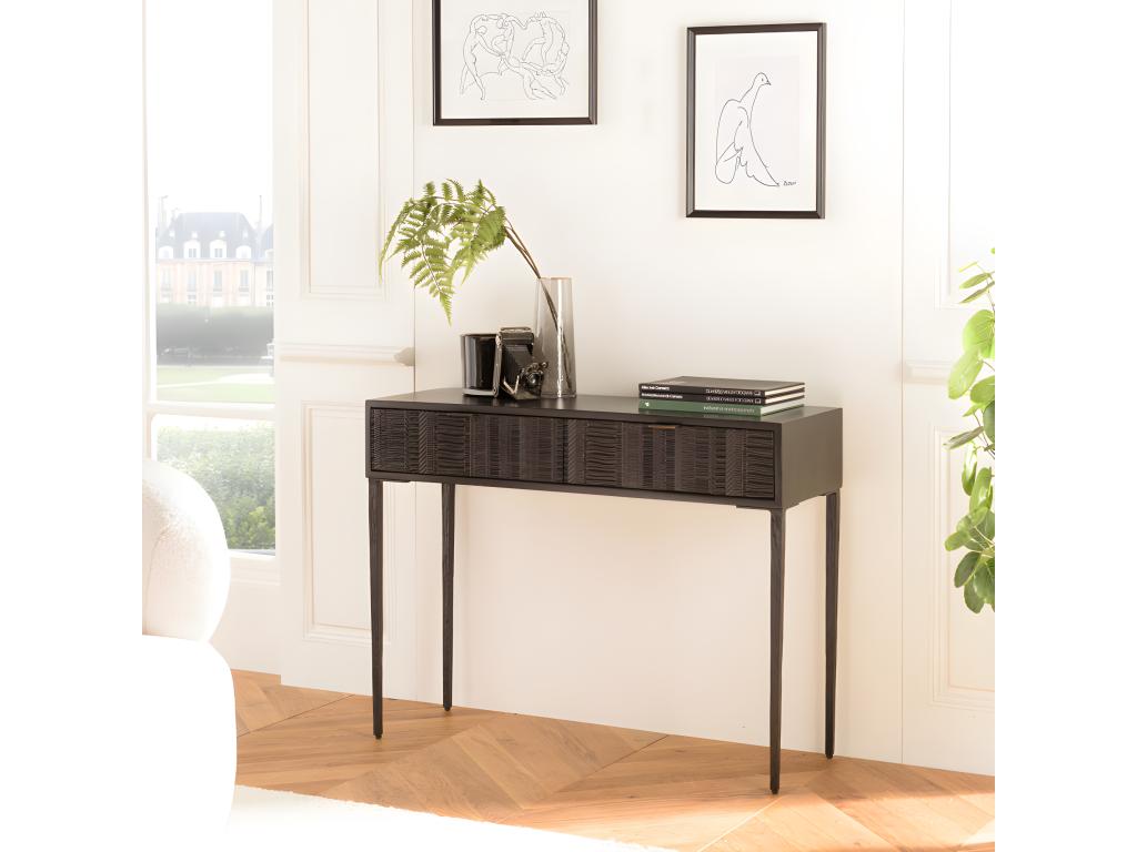 Homelumiere - Console en manguier noir 2 tiroirs sculptés pieds en métal