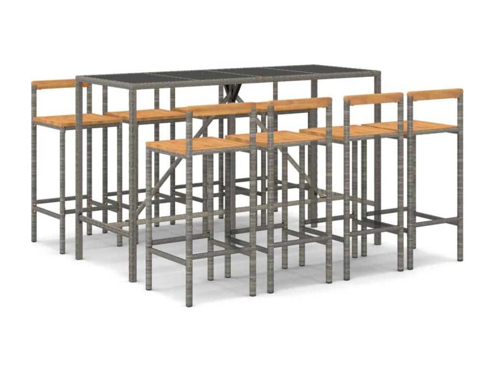 Ensemble de bar jardin 9 mcx gris poly rotin-bois massif Homelumiere
