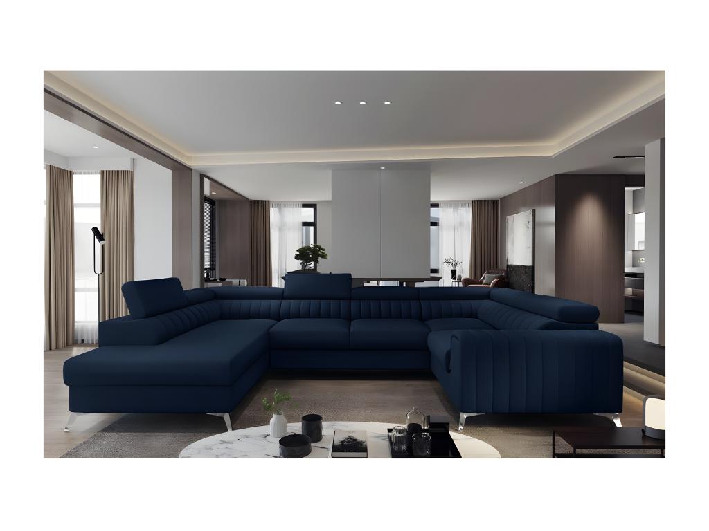 Canapé d'angle convertible Homelumiere 7/8 places bleu foncé inclinaison droit vu de face