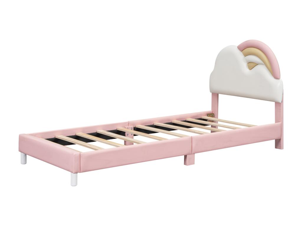 Lit capitonné 90x200 cm avec tête de lit en forme arc-en-ciel - Cuir PU - sommier à Homelumiere - pour enfant - Rose