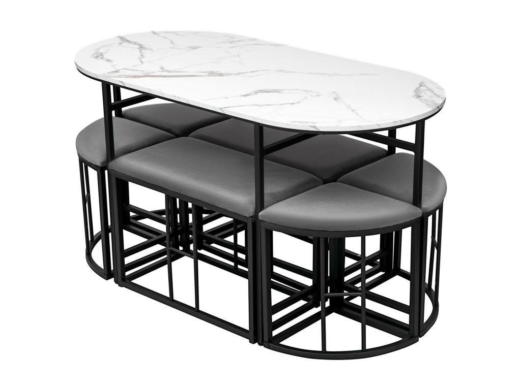 Table à manger ovale 6 personnes avec 6 tabourets Effet marbre en MDF et acier Charge max 120kg 140x70x74cm