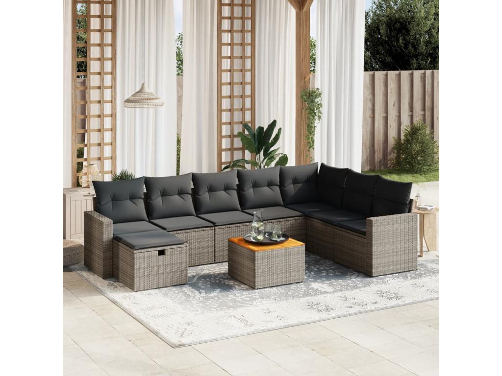 Salon de jardin 9 pcs avec coussins gris résine tressée