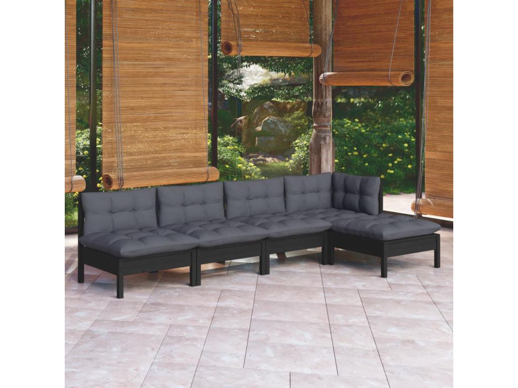Salon de jardin 5 pcs avec coussins Noir Bois de pin