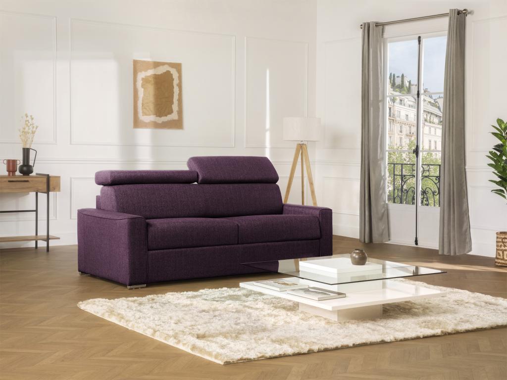 Canapé 4 places convertible express en tissu violet - Couchage à Homelumiere larges 160 cm - Matelas 14 cm Homelumiere