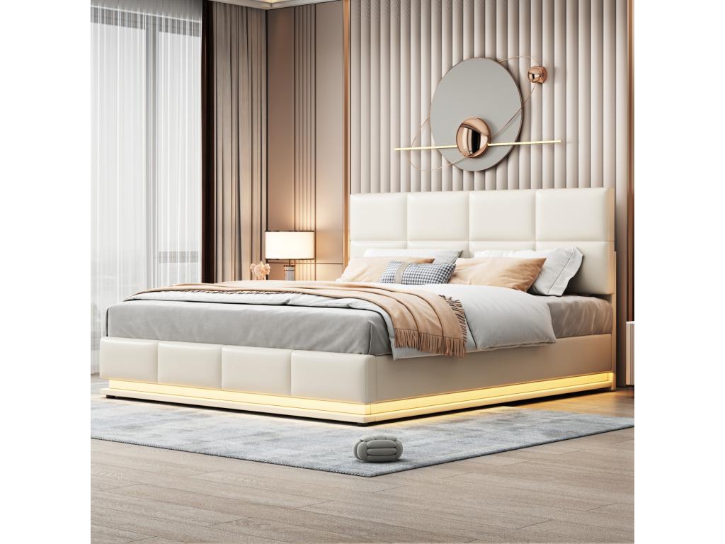 Lit coffre 180x200 cm - Lit double LED capitonné relevable hydraulique avec sommier à Homelumiere tête de lit simili cuir PU - Beige