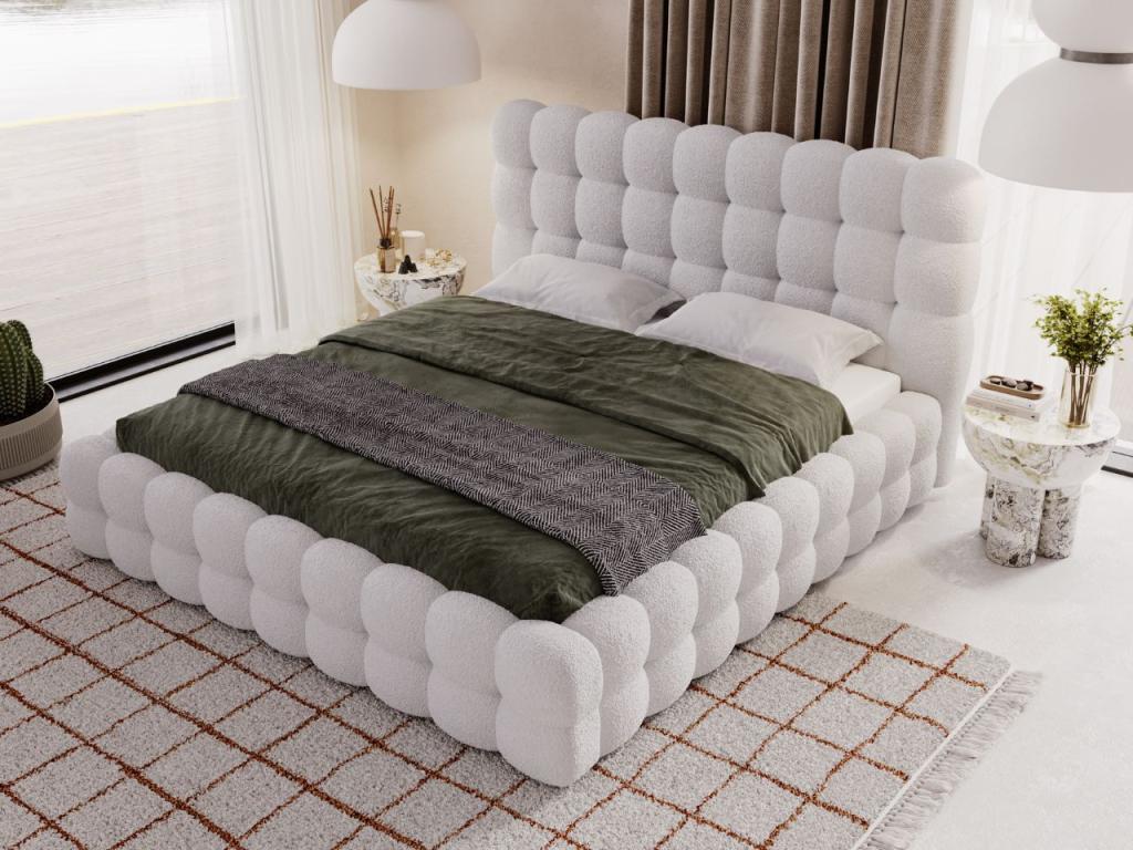 Lit rembourré avec rangement - 160x200 - lit double - bouclé - gris - Homelumiere