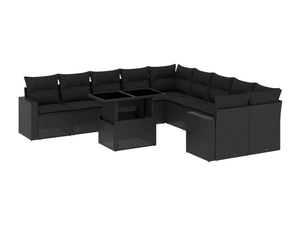 Salon de jardin 11 pcs avec coussins noir résine tressée
