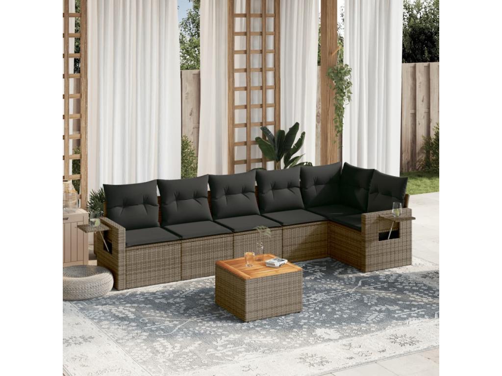 Salon de jardin avec coussins 7 pcs gris résine tressée