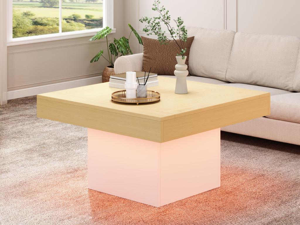 Table basse carrée avec LED - Blanc / Naturel