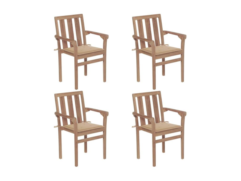 Chaises de jardin empilables avec coussins lot de 4 Teck solide