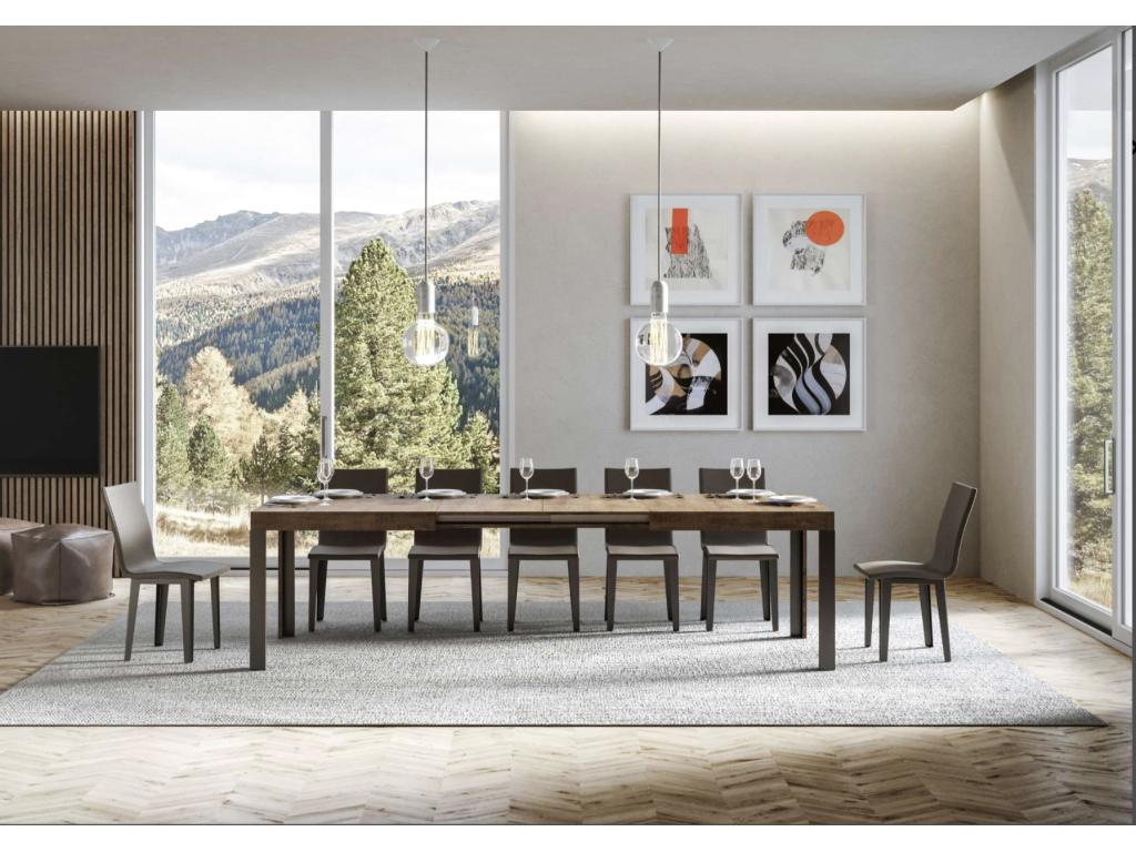 Table extensible bois avec 4 pieds bois et acier anthracite Homelumiere-Couleur Marron-Support 4 pieds-Largeur extensible 180 à 284cm