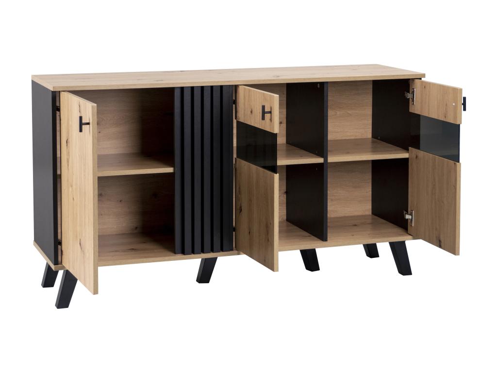 Buffet bas - Décor chêne Homelumiere et noir - 3 Portes en verre et panneaux de particules - L 140 x H 78 x P 41 cm
