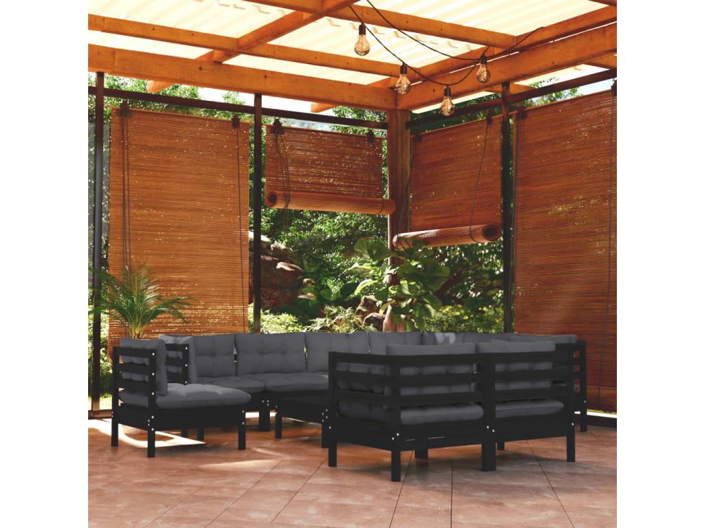 Salon de jardin 10 pièces avec coussins Noir Bois de pin solide 53612LZKW