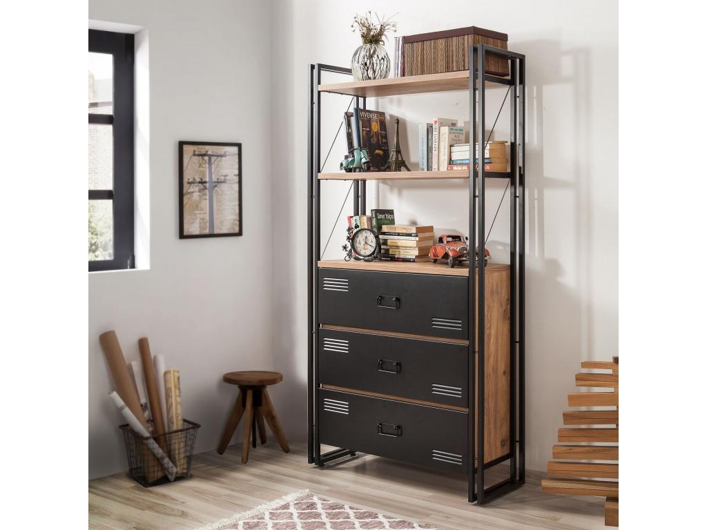 Bibliothèque Homelumiere H180cm Métal Noir et Bois Pin foncé