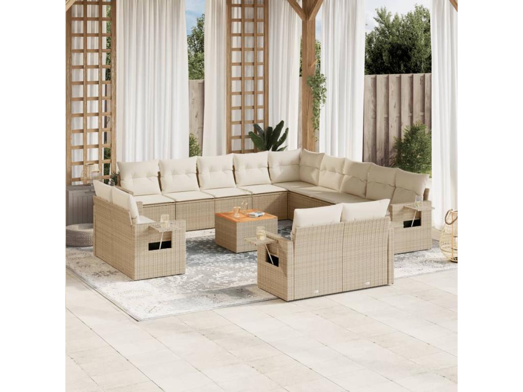 Salon de jardin avec coussins 14 pcs beige résine tressée