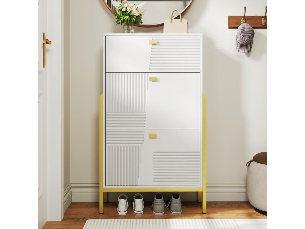 Meuble à chaussures avec 2 portes et 1 tiroir - 65x25x120,5 cm - Poignées et pieds dorés - Panneaux de particules - Blanc