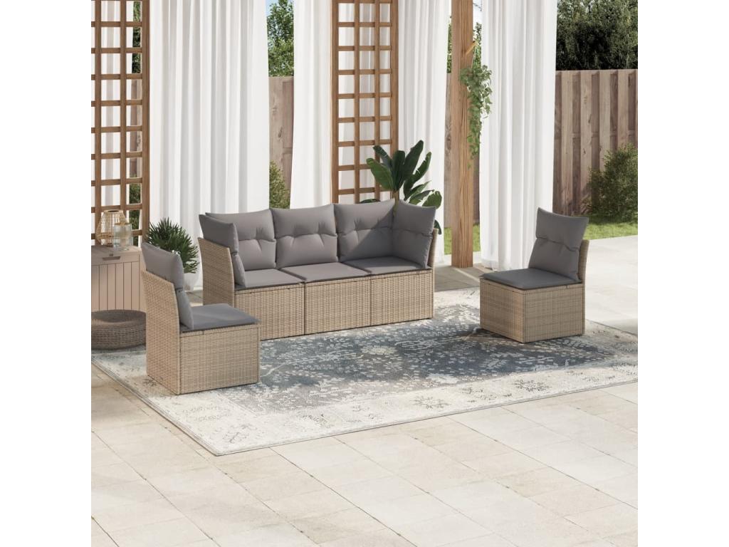 Salon de jardin avec coussins 5 pcs beige résine tressée