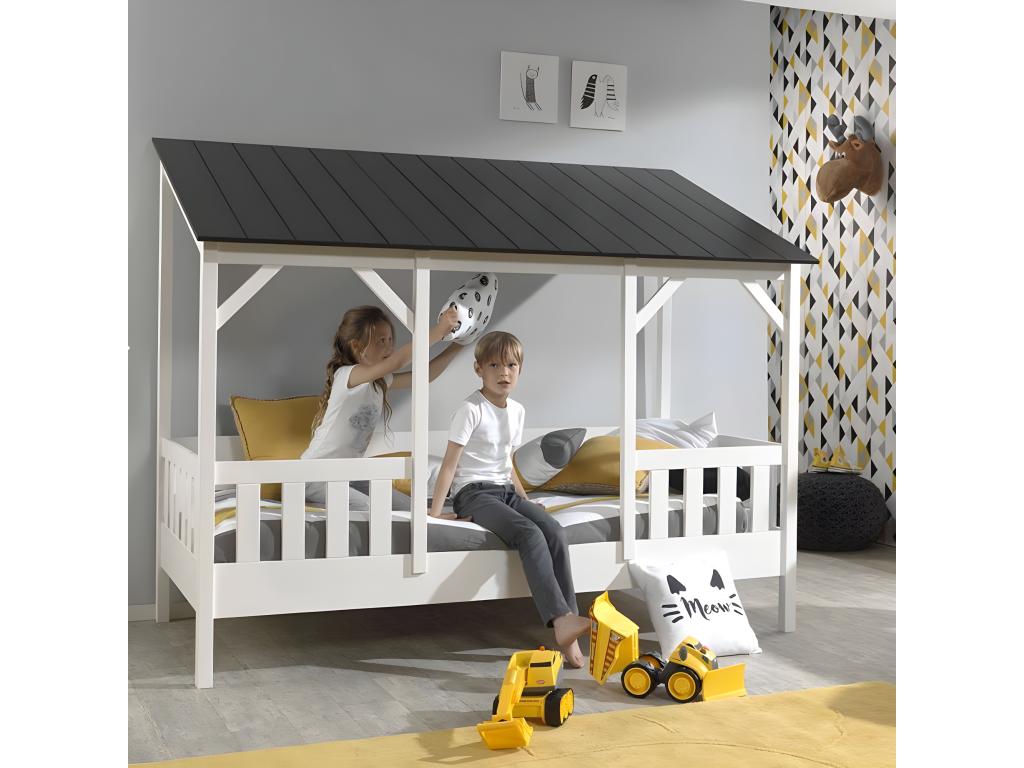 Lit Cabane Enfant en Bois Homelumiere III 90x200cm Blanc / Noir