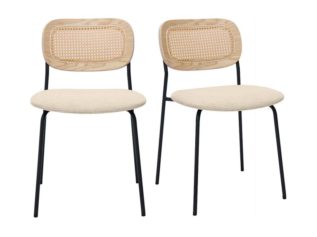 Chaises design en tissu effet velours texturé beige métal noir et cannage rotin lot de 2 Homelumiere
