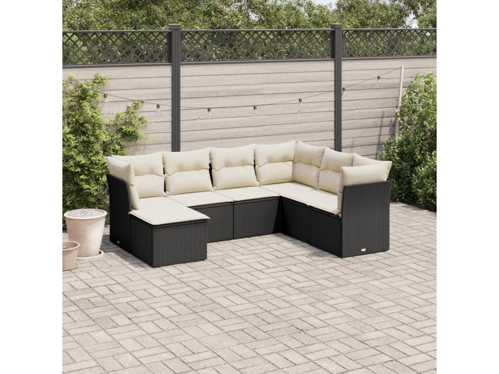 Salon de jardin 7 pcs avec coussins noir résine tressée