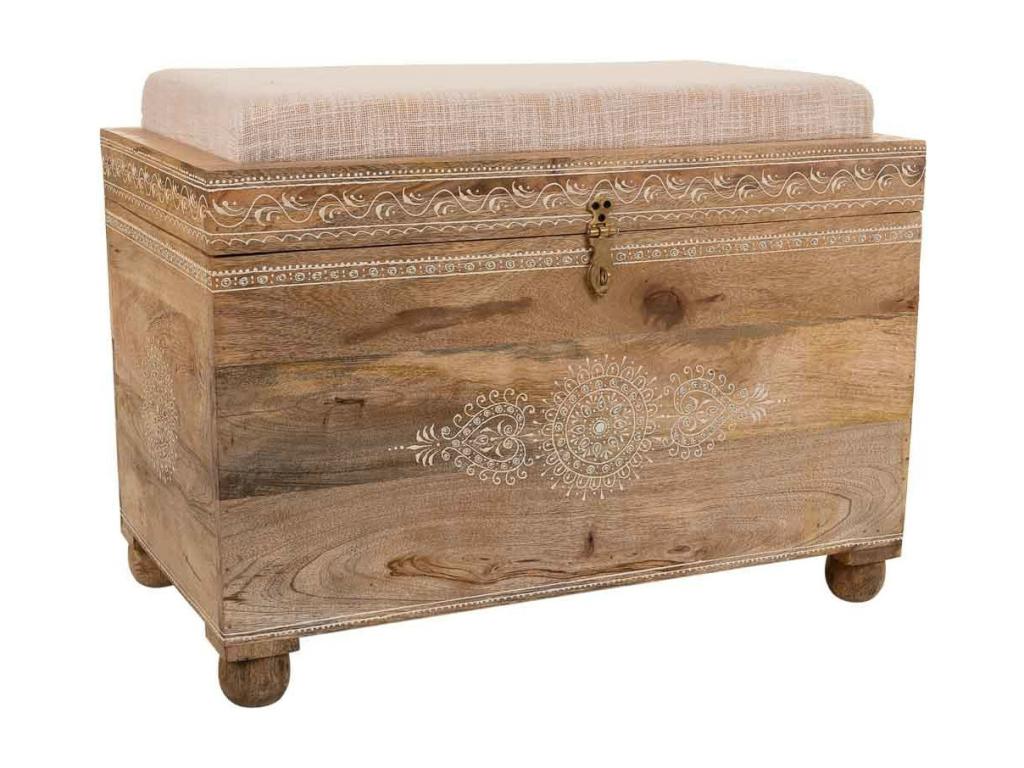 Banc en bois peint à la main avec coussin marron 72x40.5x47