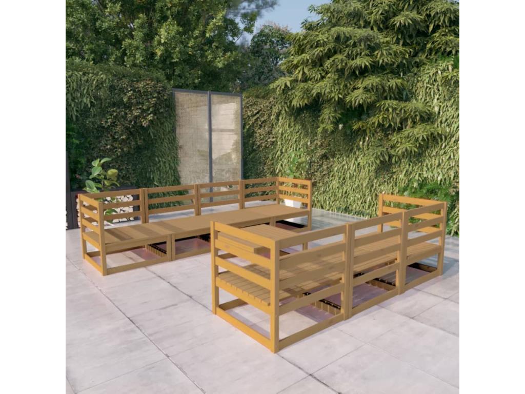 Salon de jardin 8 pcs marron miel bois de pin massif