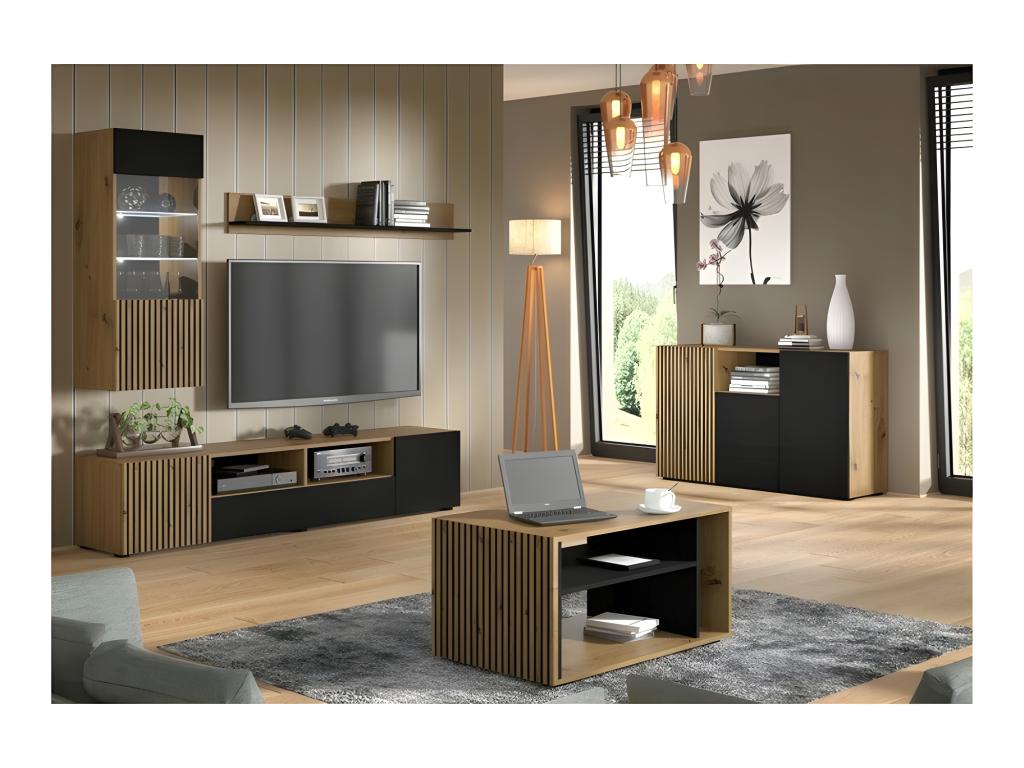 Commode de rangement Meuble Noir/Chêne artisanal 135x42x82cm Homelumiere 3D C Homelumiere